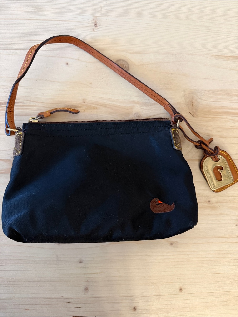 Dooney & Bourke Black Nylon Wristlet with Tan Leather Strap